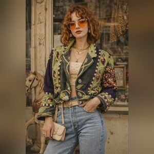 Vintage Painted Pony Tapestry Jacket Size L Floral Garden Boho